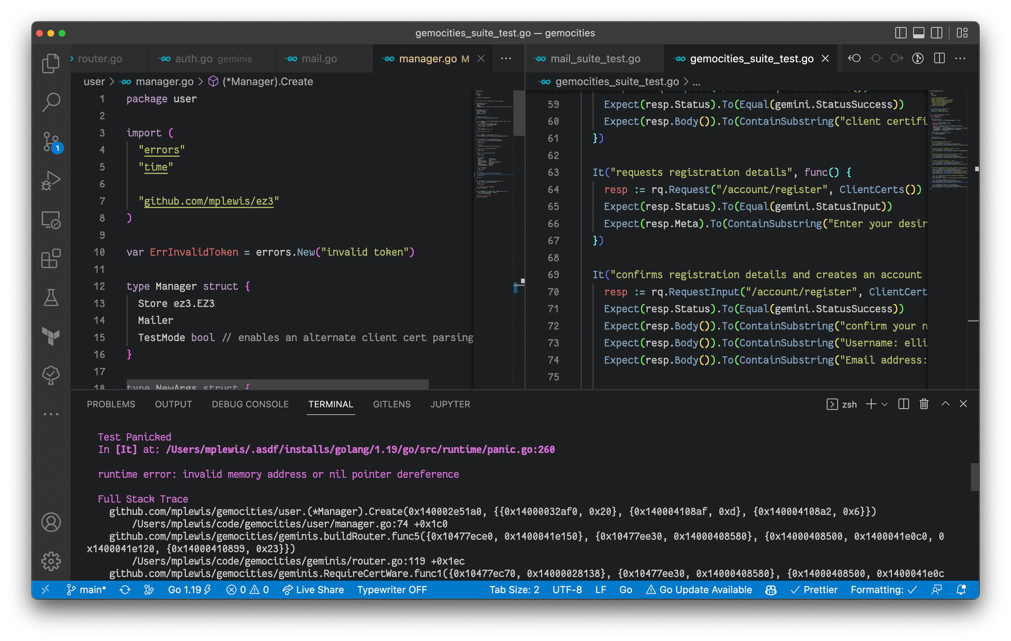 Screenshot of VSCode with two panes of code open and a terminal with an error message of some kind