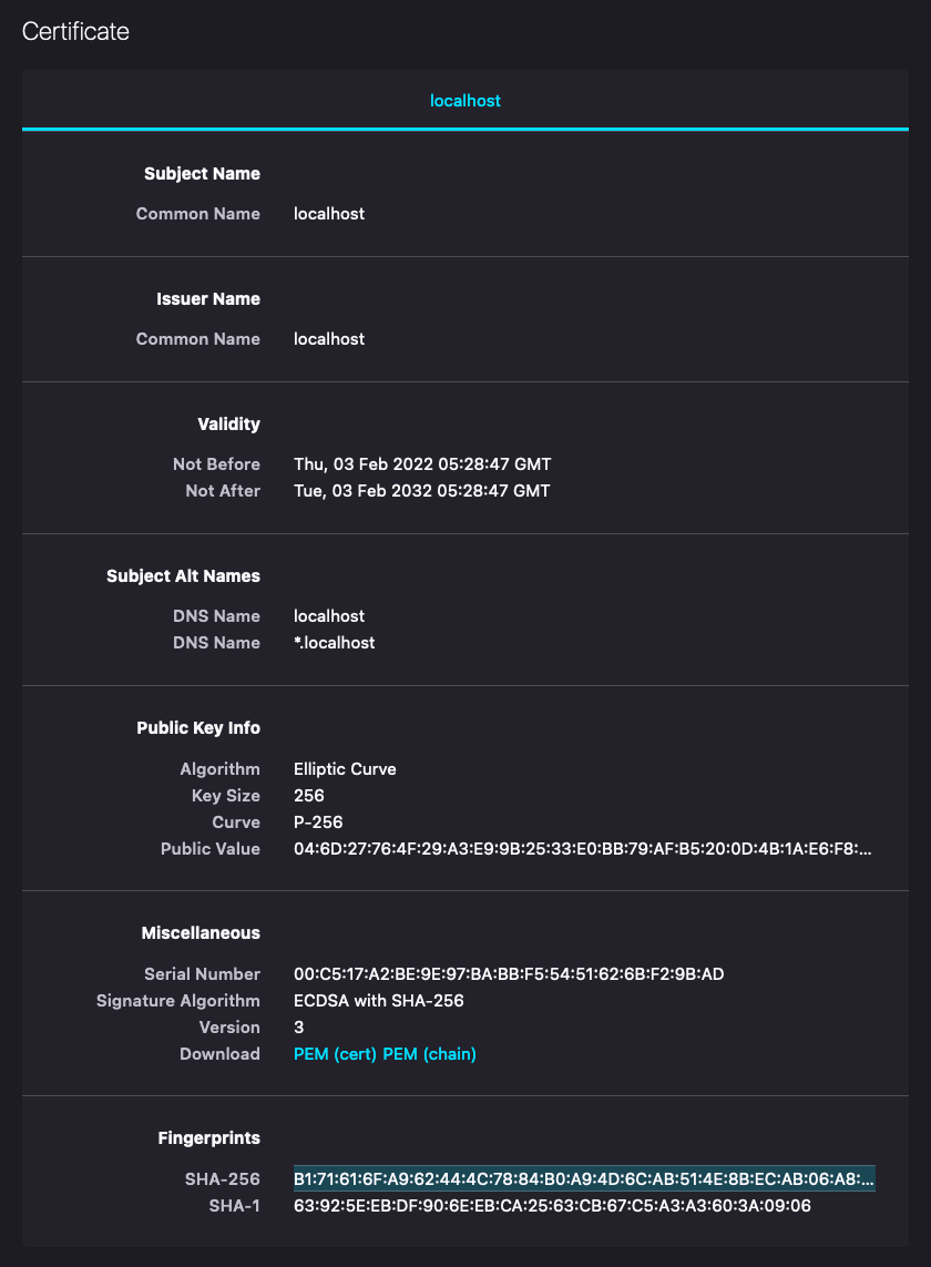 Screenshot of my Firefox server certificate inspector, showing that the SHA-256 fingerprint matches the expected fingerprint for nginx TLS termination